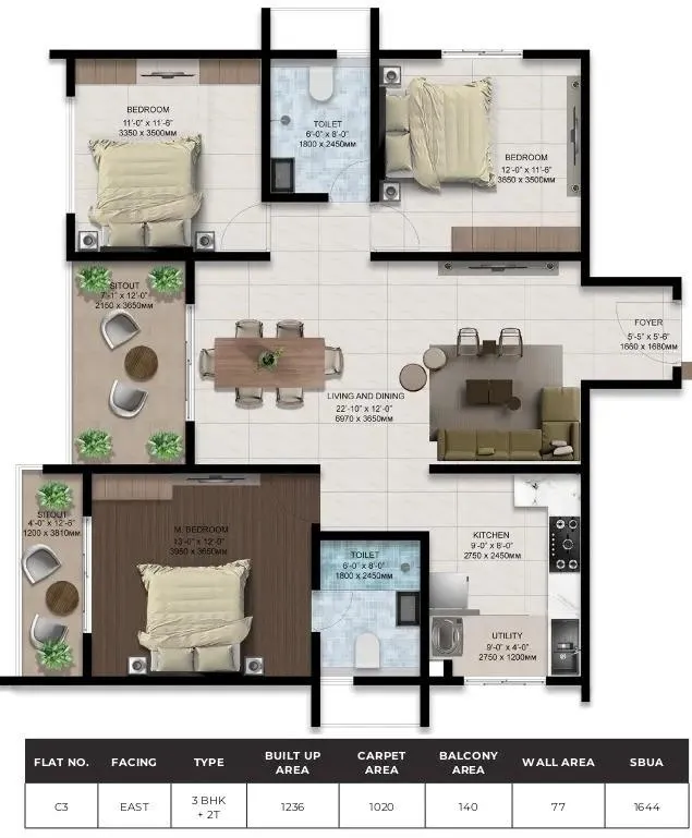 Amberstone Ventara 3 BHK 1644 Sq Ft Floor Plan