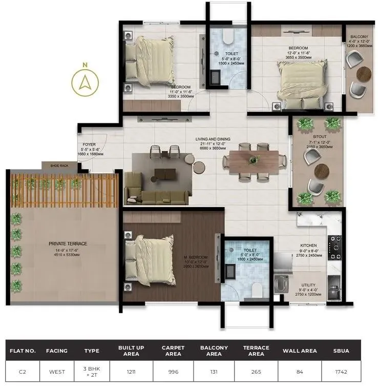 Amberstone Ventara 3 BHK 1742 Sq Ft Floor Plan