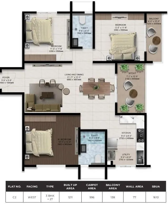 Amberstone Ventara 3 BHK 1610 Sq Ft Floor Plan