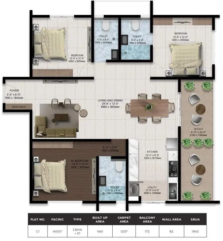 Amberstone Ventara 3 BHK 1943 Sq Ft Floor Plan