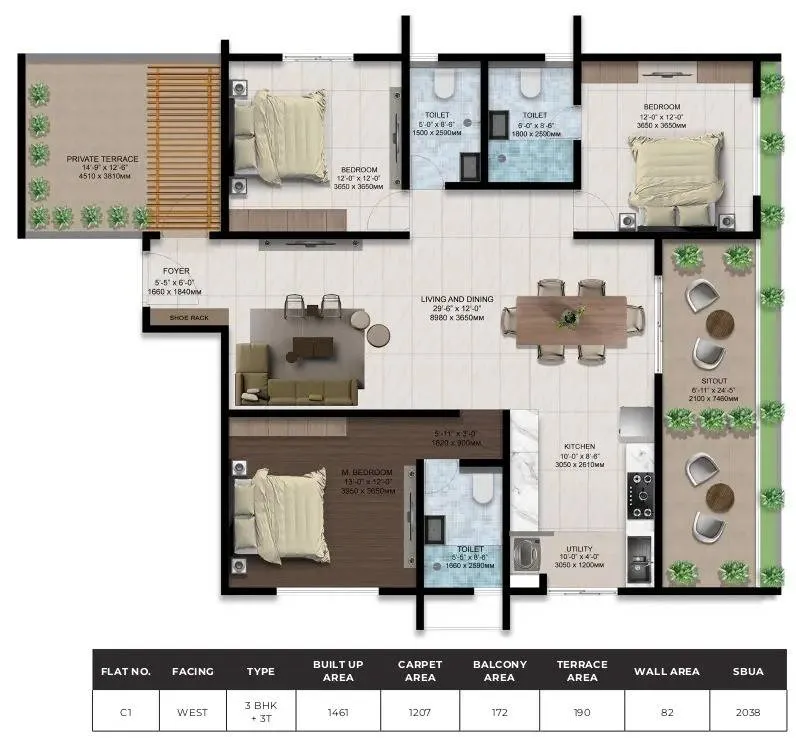 Amberstone Ventara 3 BHK 2038 Sq Ft Floor Plan