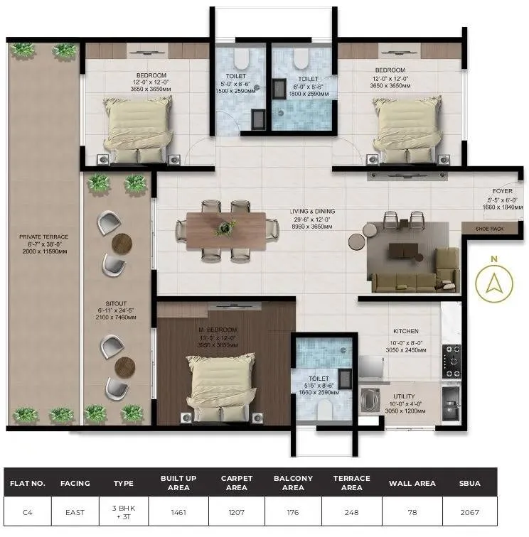 Amberstone Ventara 3 BHK 2067 Sq Ft Floor Plan