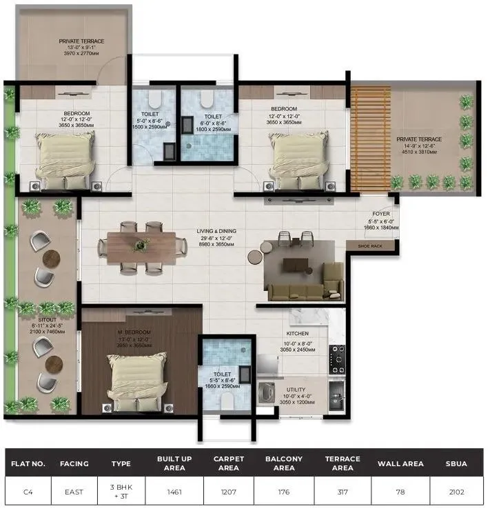 Amberstone Ventara 3 BHK 2102 Sq Ft Floor Plan