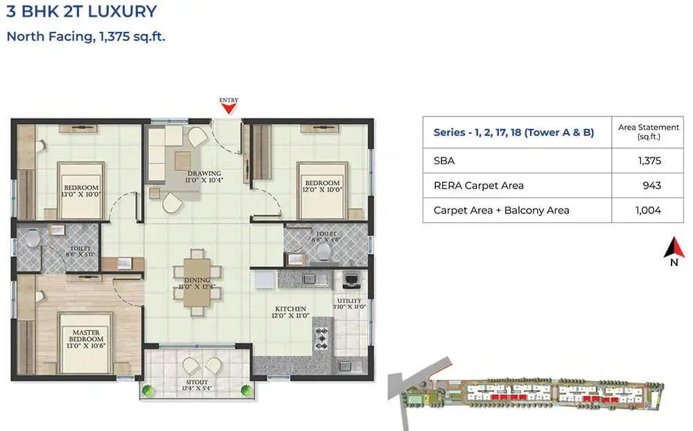 3BHK – 2T Luxury (1375 sqft)