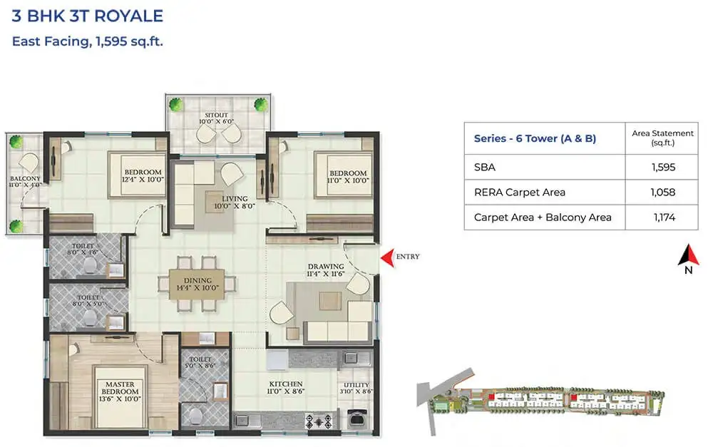 3BHK – 3T Royale (1595 sqft)