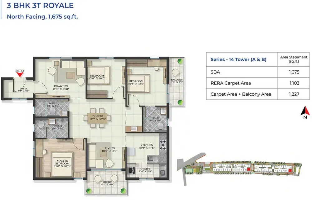 3BHK – 3T Royale (1675 sqft)