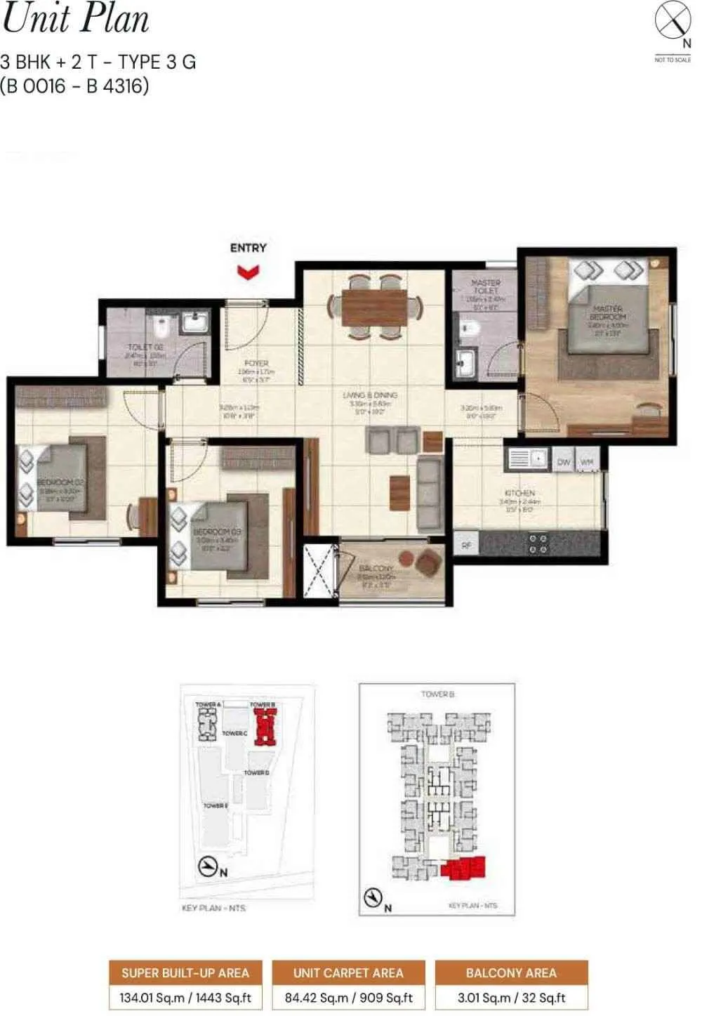 Brigade Belvedere 3 BHK 1443 Sq Ft Floor Plan