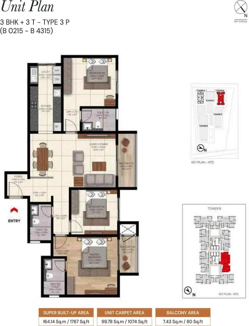 Brigade Belvedere 3 BHK 1767 Sq Ft Floor Plan