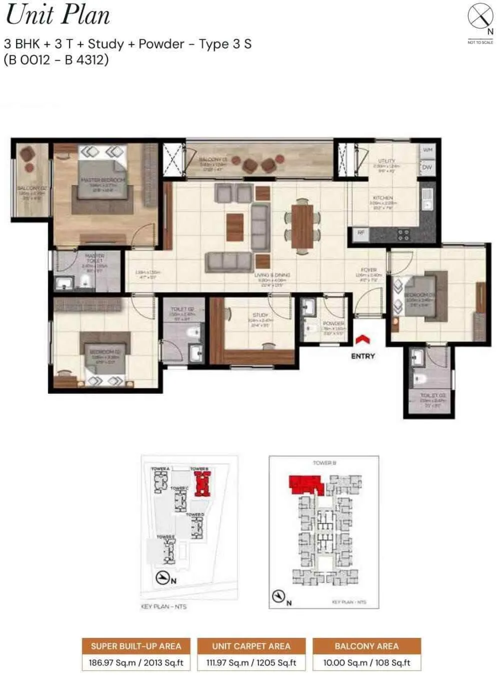 Brigade Belvedere 3 BHK 2013 Sq Ft Floor Plan
