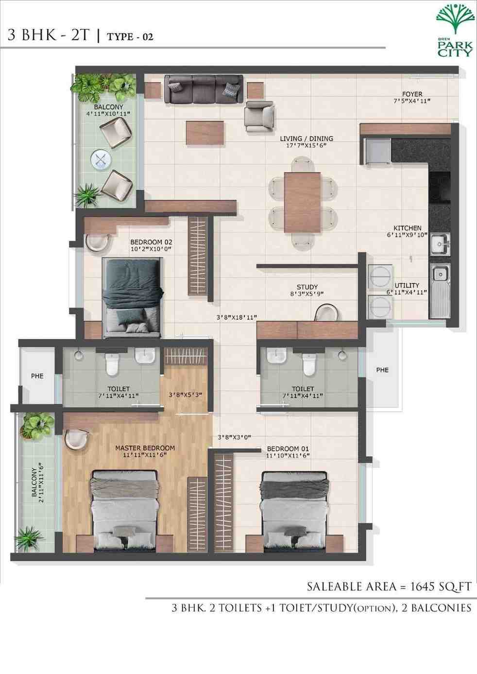 Bren Park City 3 BHK 2T Plus Study Type 02 Floor Plan
