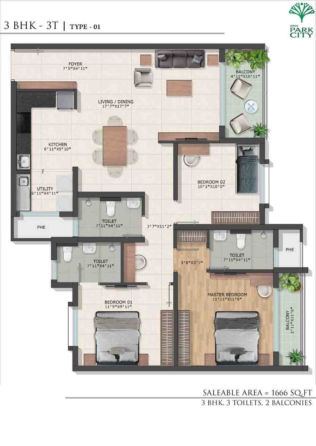 Bren Park City 3 BHK 3T Type 01 Floor Plan