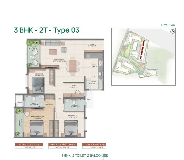 Bren Park City 3 BHK 2T Type 03 1645 Sq Ft Floor Plan