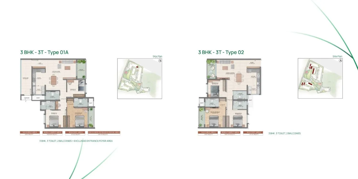 Bren Park City 3 BHK Type 01A and Type 02 Floor Plan