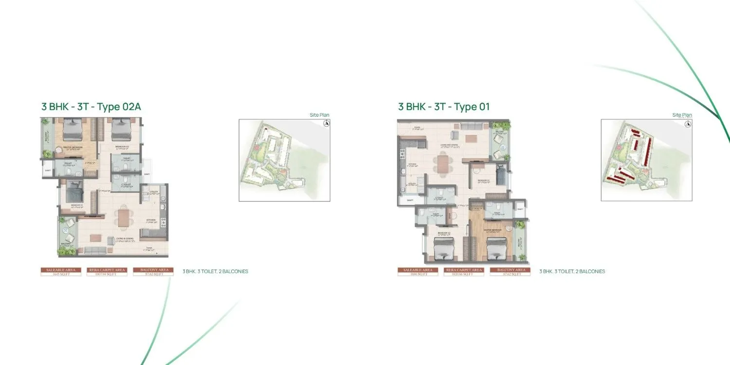 Bren Park City 3 BHK Type 02A and Type 01 Floor Plan