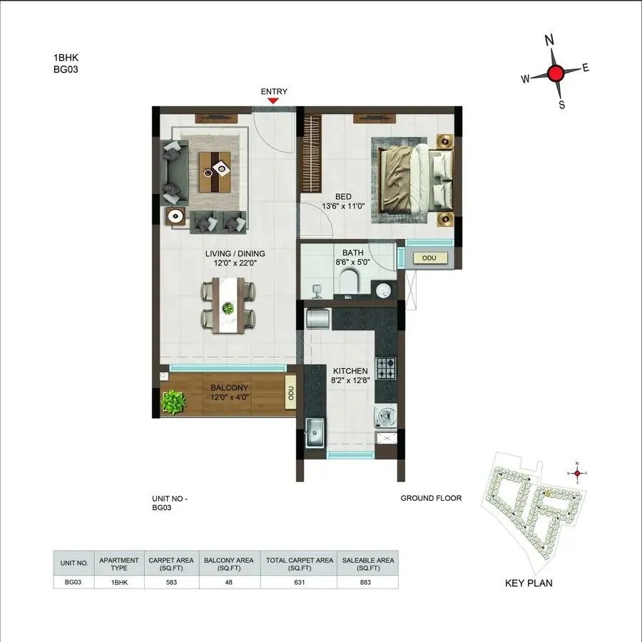 Casagrand Moondance 1 BHK 883 Sq Ft Floor Plan