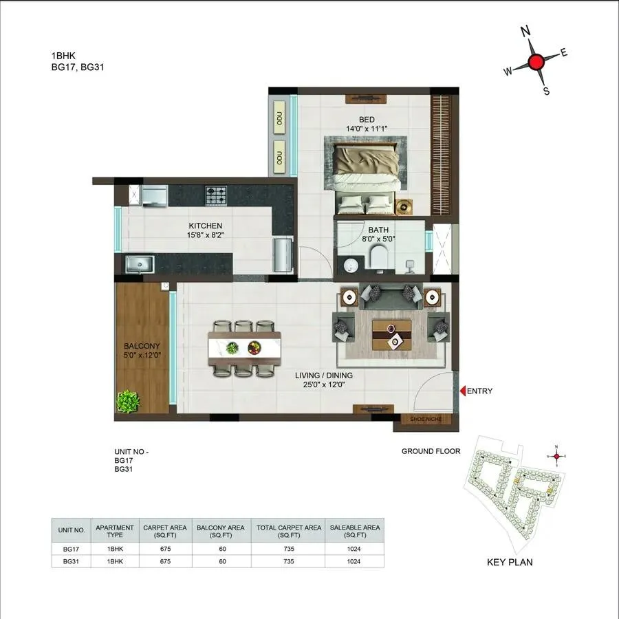 Casagrand Moondance 1 BHK 1024 Sq Ft Floor Plan