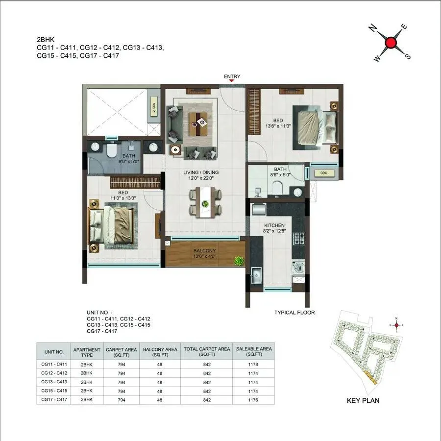 Casagrand Moondance 2 BHK 1174 Sq Ft Floor Plan
