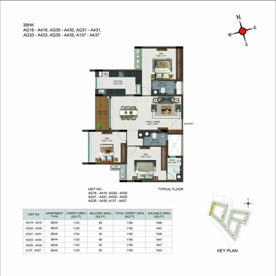 Casagrand Moondance 3 BHK 1647 Sq Ft Floor Plan