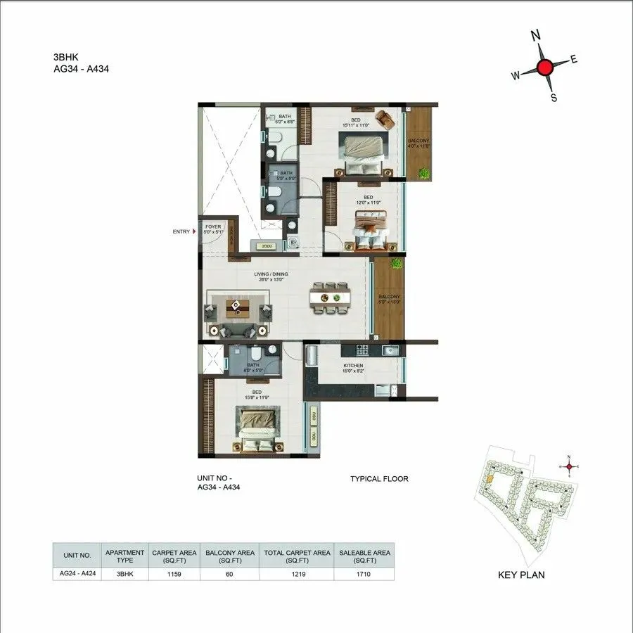 Casagrand Moondance 3 BHK 1710 Sq Ft Floor Plan