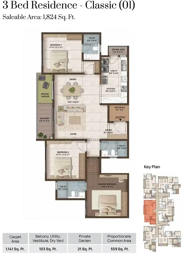 CKPC Heart of Harmony 3 BHK 1824 Sq Ft Floor Plan