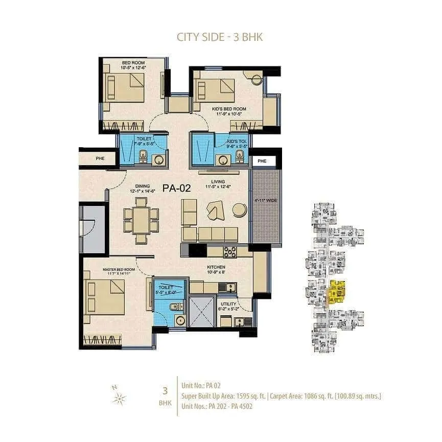 CNTC Presidential Tower City Side 3 BHK 1595 Sq Ft Floor Plan