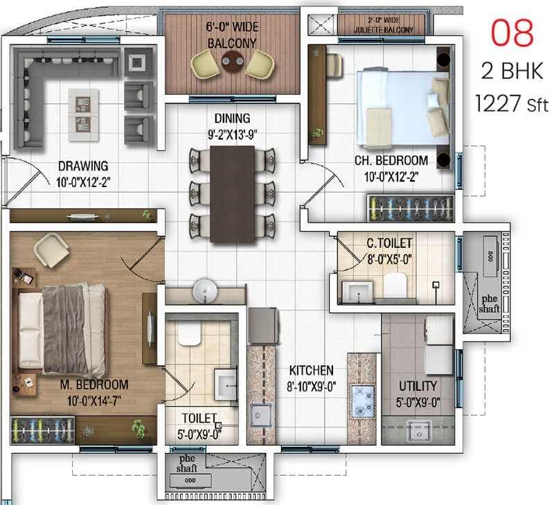DSR Evoq 2 BHK Unit 08 1227 Sq Ft Floor Plan