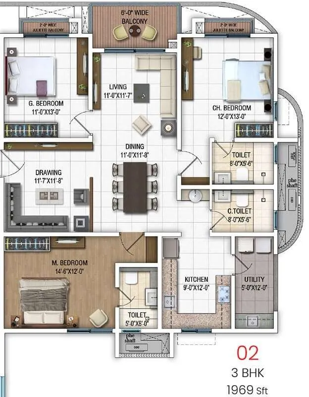 DSR Evoq 3 BHK Unit 02 1969 Sq Ft Floor Plan