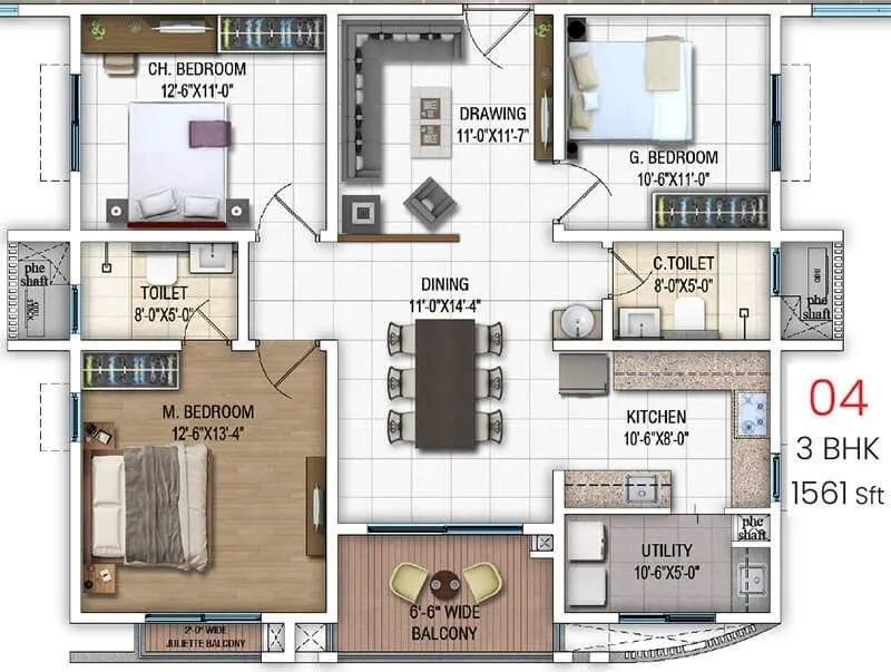 DSR Evoq 3 BHK Unit 04 1561 Sq Ft Floor Plan