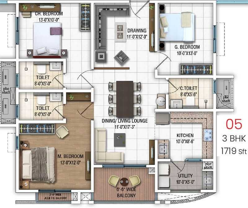 DSR Evoq 3 BHK Unit 05 1719 Sq Ft Floor Plan