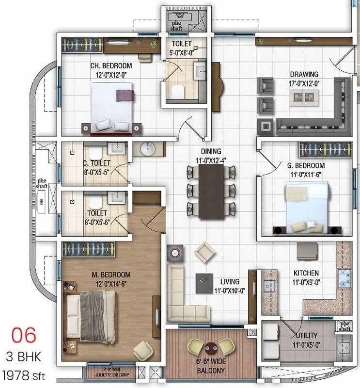 DSR Evoq 3 BHK Unit 06 1978 Sq Ft Floor Plan