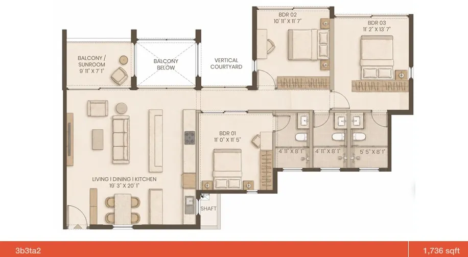 Graviti Hanging Gardens Floor Plan 3 BHK Type A2 1736 Sqft