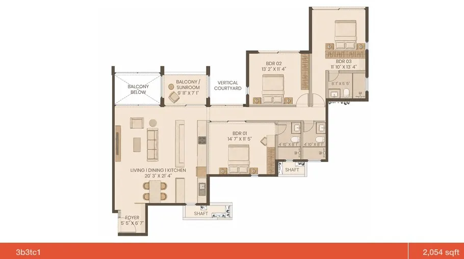 Graviti Hanging Gardens Floor Plan 3 BHK Type C1 2054 Sqft