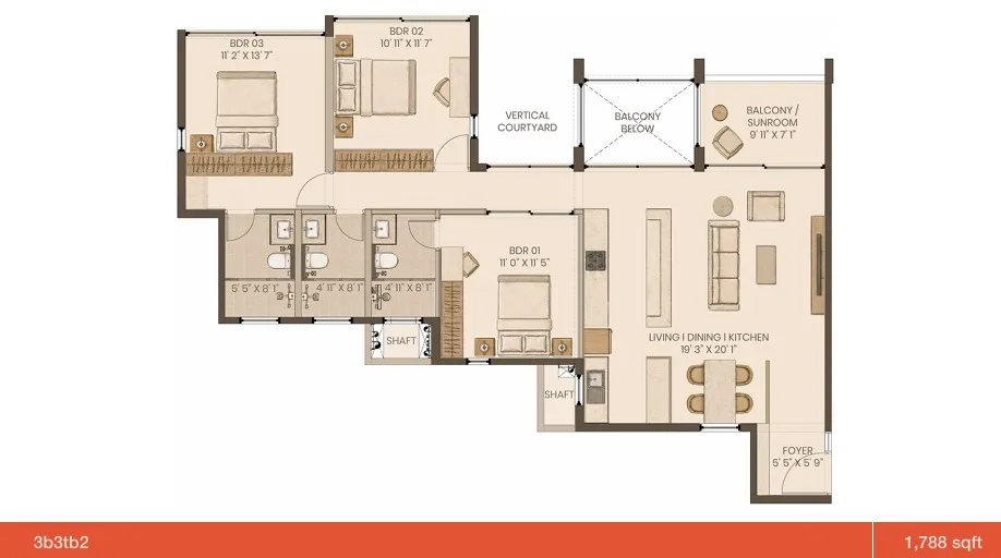 Graviti Hanging Gardens Floor Plan 3 BHK Type B2 1788 Sqft