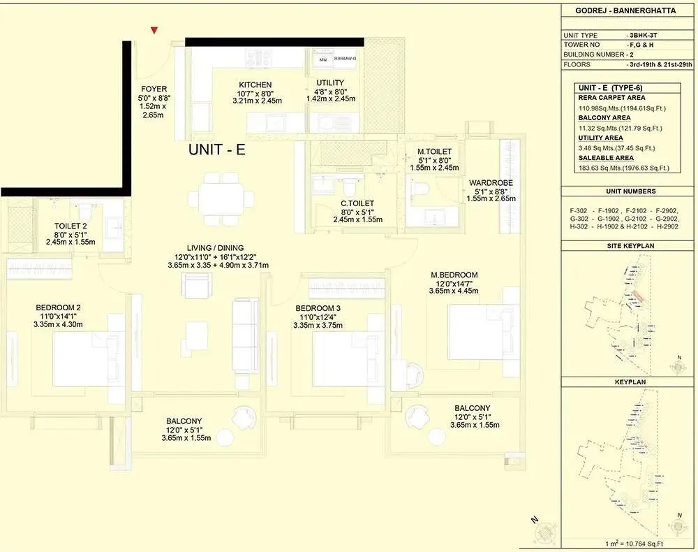 Godrej Vanantara Floor Plan 3 BHK Unit E 1976 Sqft