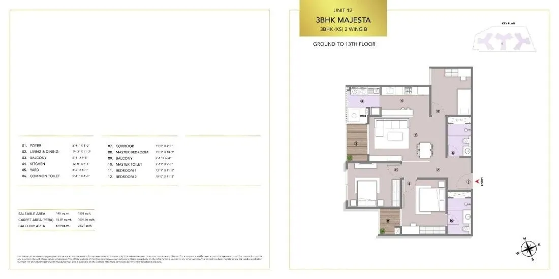 L&T Elara Celestia Floor Plan 3 BHK 1503 Sqft