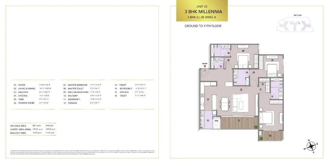 L&T Elara Celestia Floor Plan 3 BHK 2183 Sqft