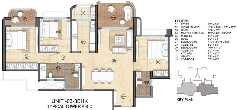 Lodha Elanza Floor Plan 3 BHK 1500 Sqft