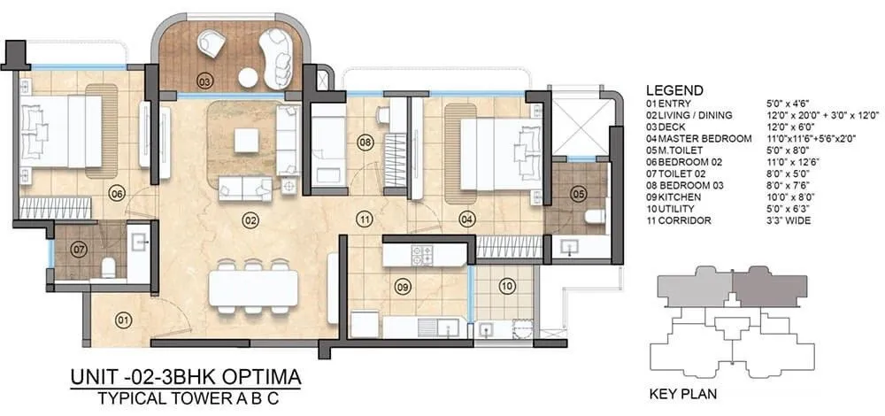 Lodha Elanza Floor Plan 3 BHK Optima 1500 Sqft