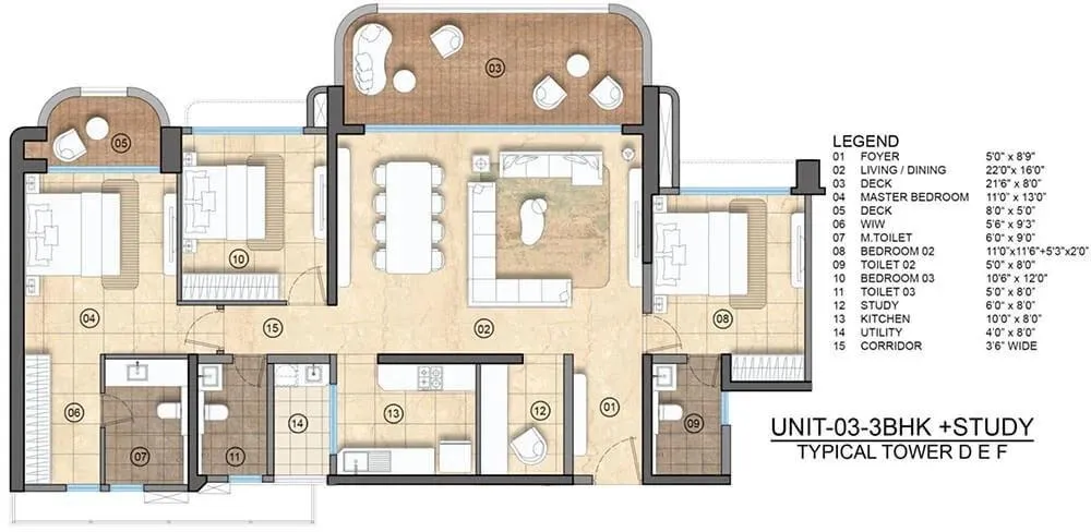 Lodha Elanza Floor Plan 3 BHK with Study 1800 Sqft