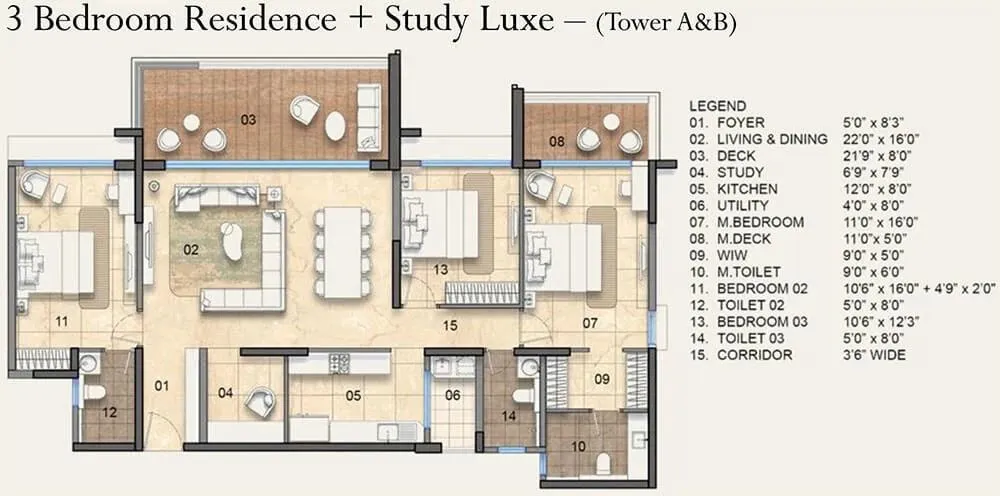 Lodha Haven Floor Plan 3 BHK plus Study Luxe