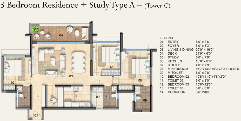 Lodha Haven Floor Plan 3 BHK plus Study Type A
