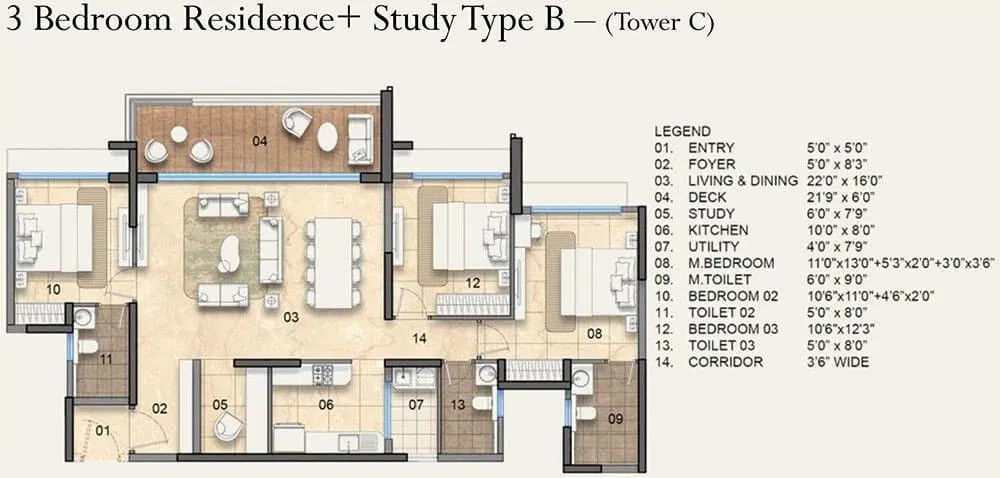 Lodha Haven Floor Plan 3 BHK plus Study Type B