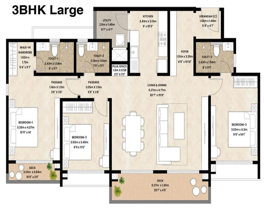 Mahindra Blossom Floor Plan 3 BHK Large