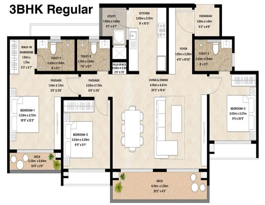 Mahindra Blossom Floor Plan 3 BHK Regular