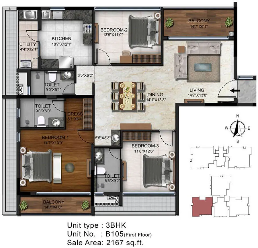 Radiance Platinum Floor Plan 3 BHK 2167 Sqft