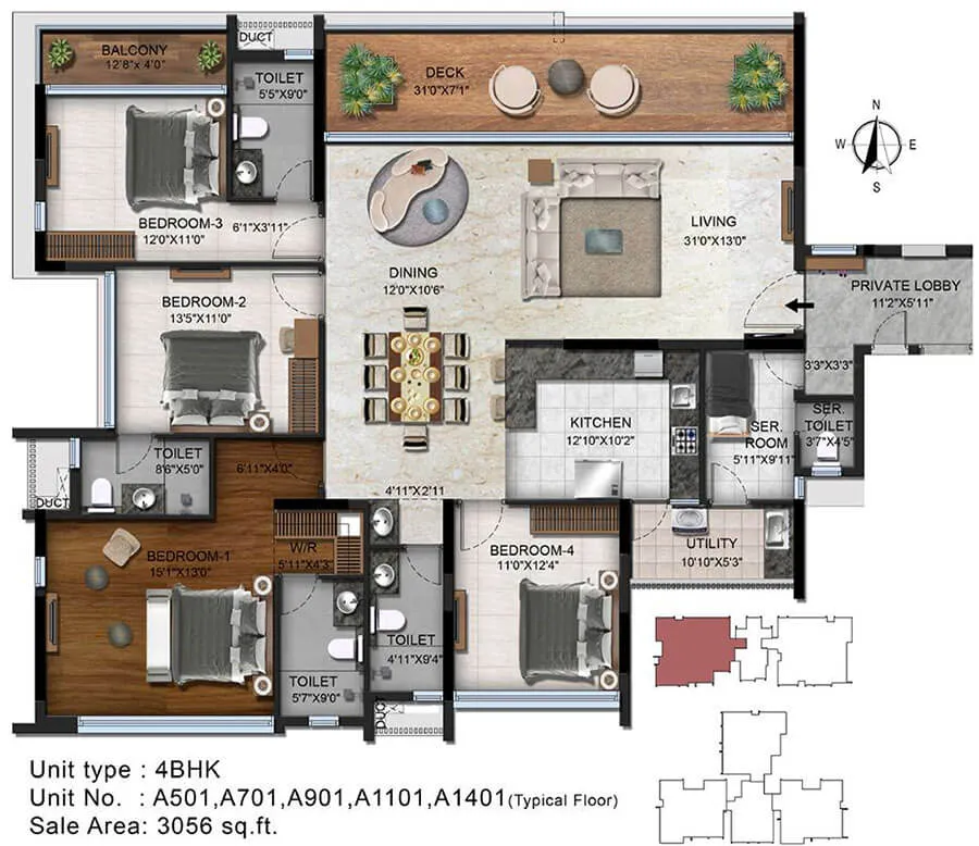Radiance Platinum Floor Plan 4 BHK 3056 Sqft