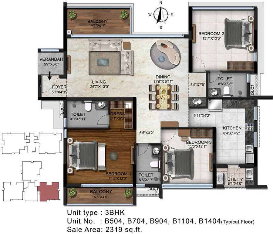 Radiance Platinum Floor Plan 3 BHK 2319 Sqft