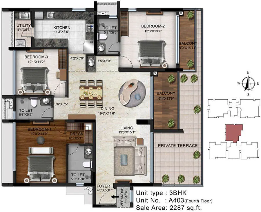 Radiance Platinum Floor Plan 3 BHK 2287 Sqft