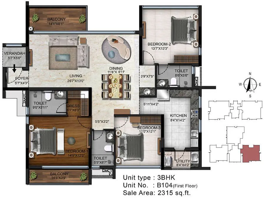 Radiance Platinum Floor Plan 3 BHK 2315 Sqft