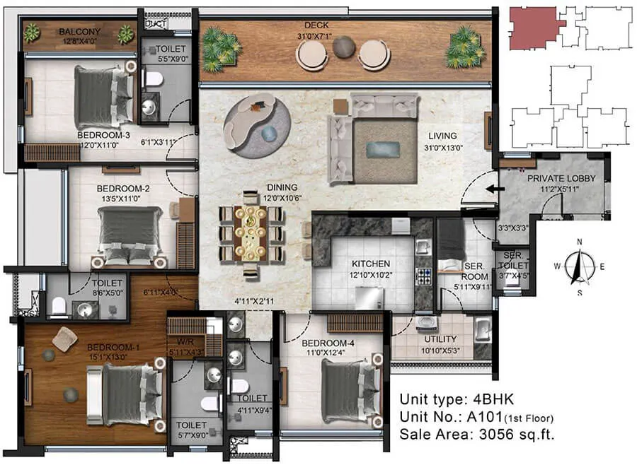 Radiance Platinum Floor Plan 4 BHK 3056 Sqft